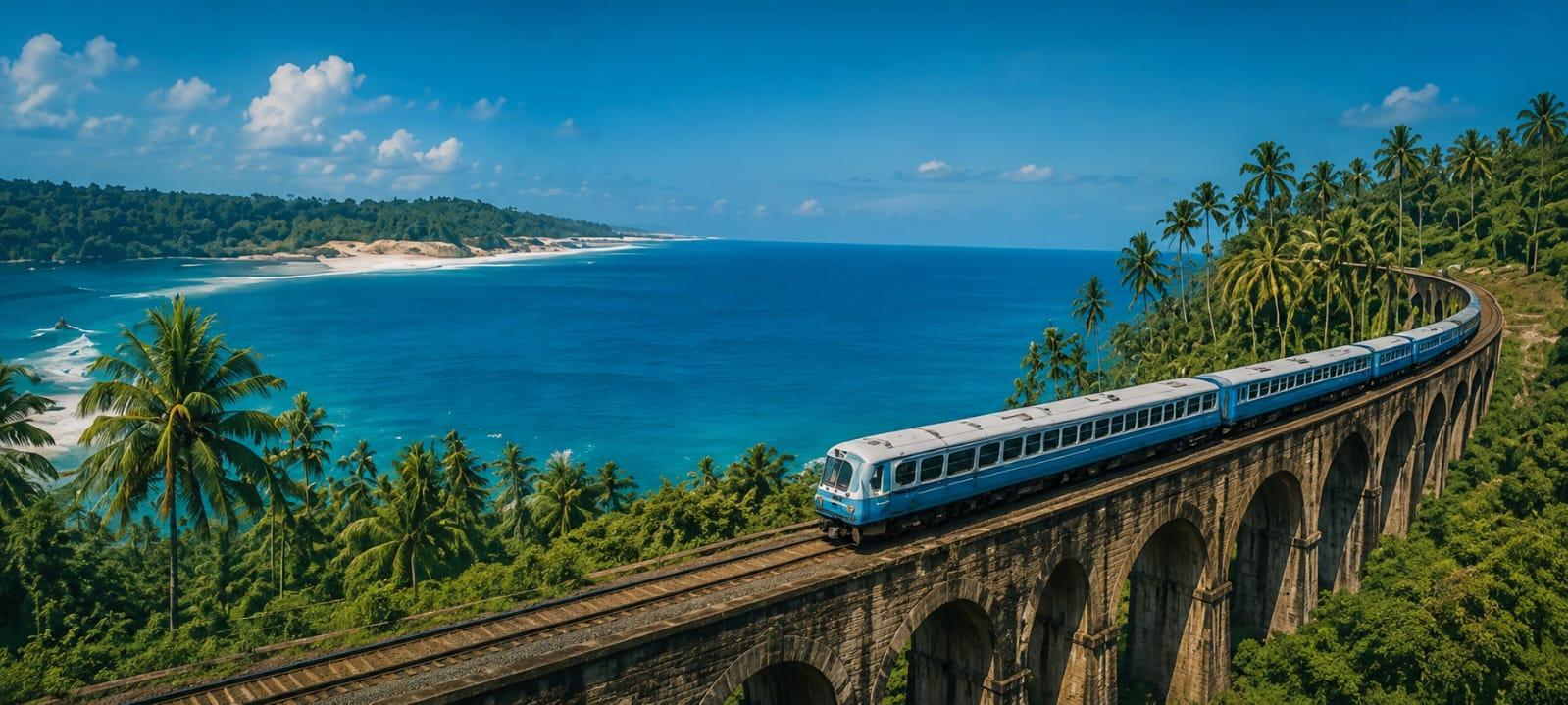 Train crossing a scenic viaduct in Sri Lanka