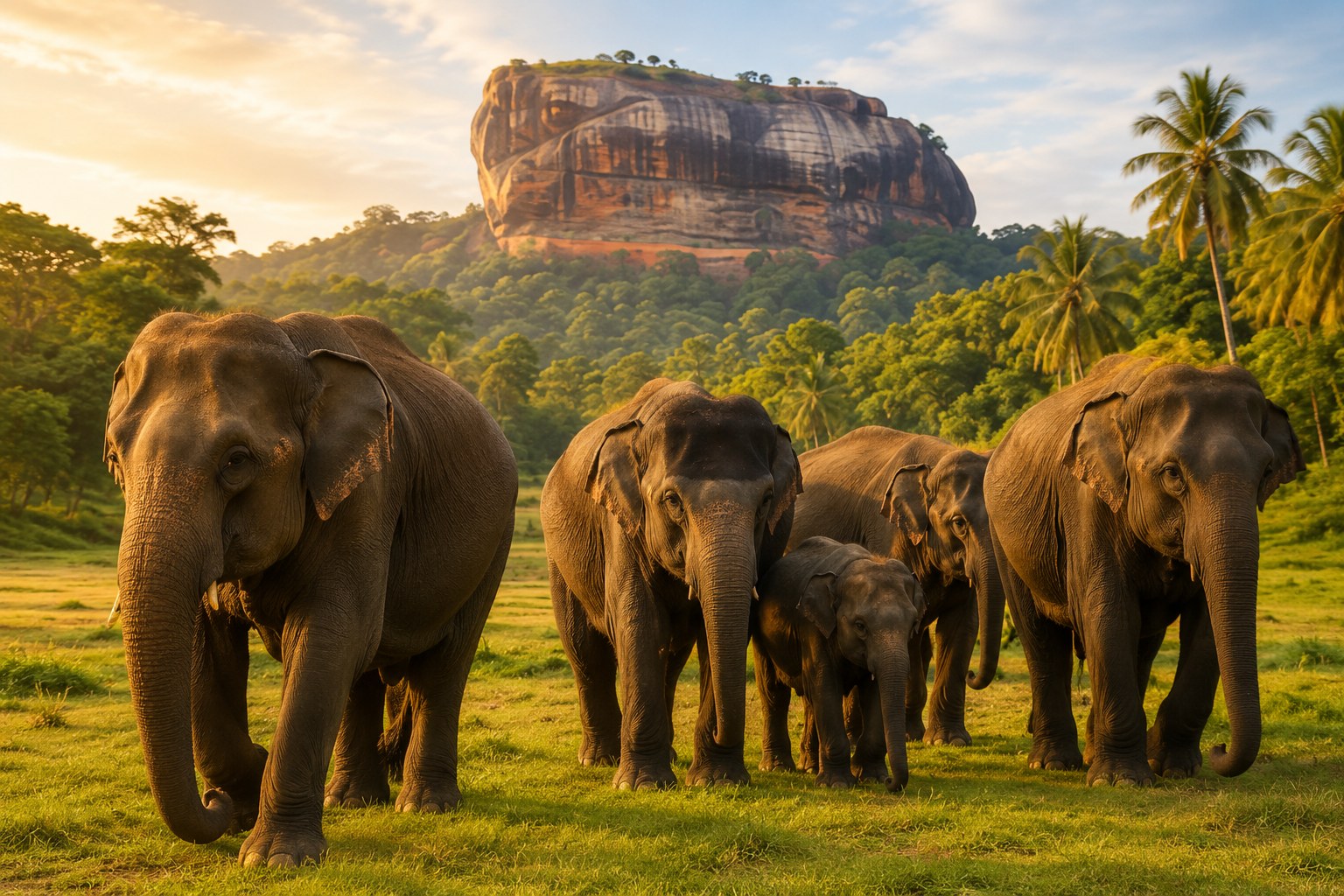 A herd of elephants walking through the Sri Lankan landscape near Sigiriya