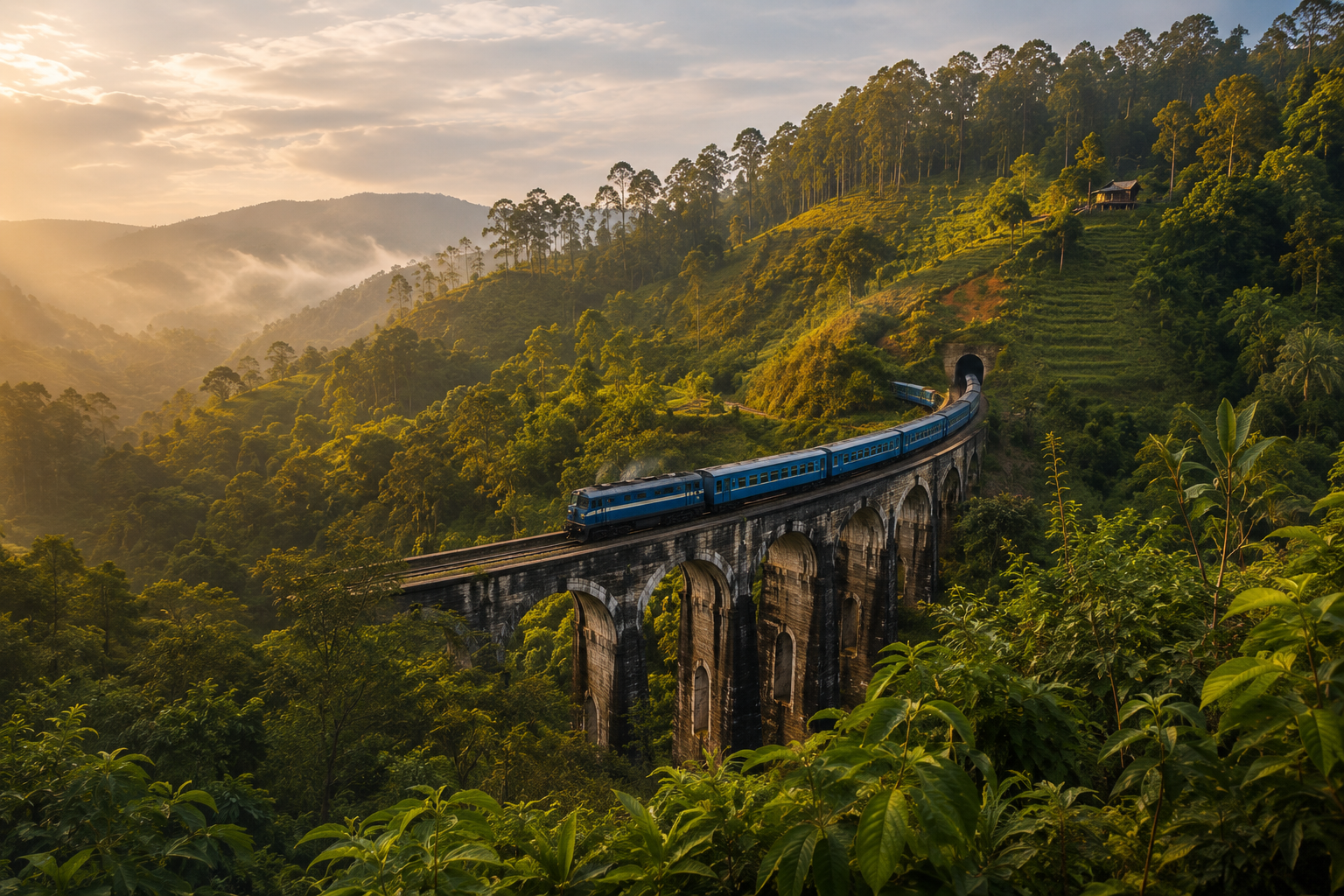 A train crossing the Nine Arch Bridge through Ella's green hill country