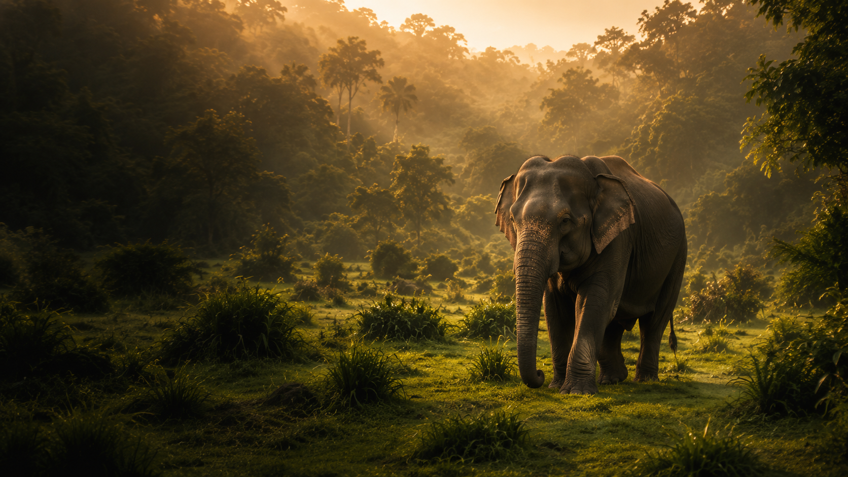 Elephant walking through a sunlit Sri Lankan landscape